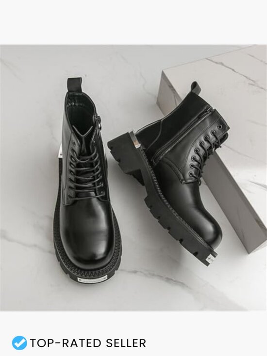 Men\'s Genuine Leather Lace Up Combat Boots with Side Zipper Chunky Lug Sole main image 5